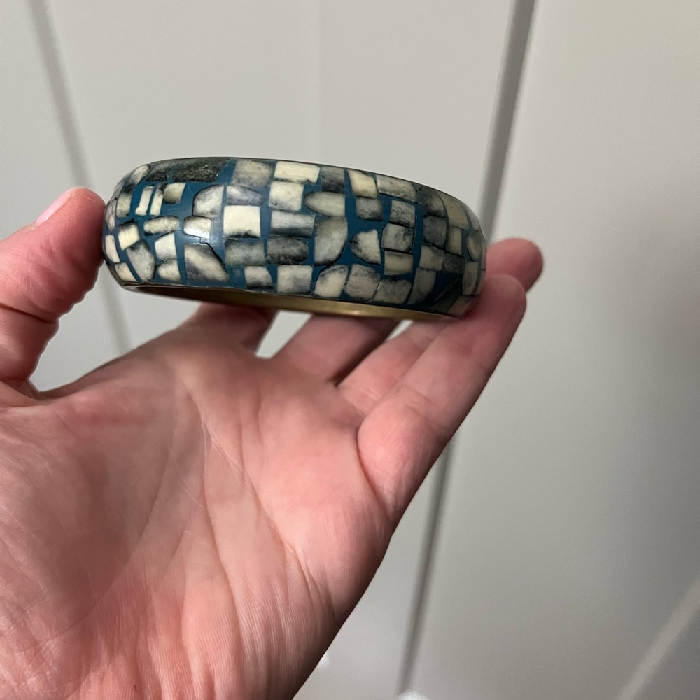 Vintage Inlaid Stone Mosaic Brass Bangle Bracelet